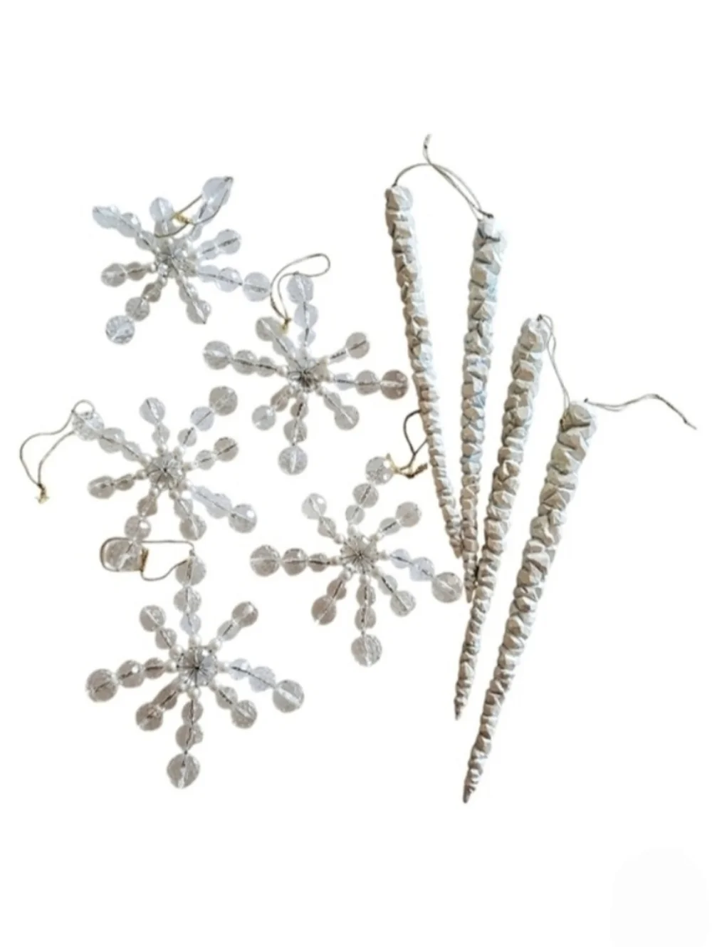 Christmas Ornaments Clear Snowflakes and White Blue Glitter Icicles Holiday
